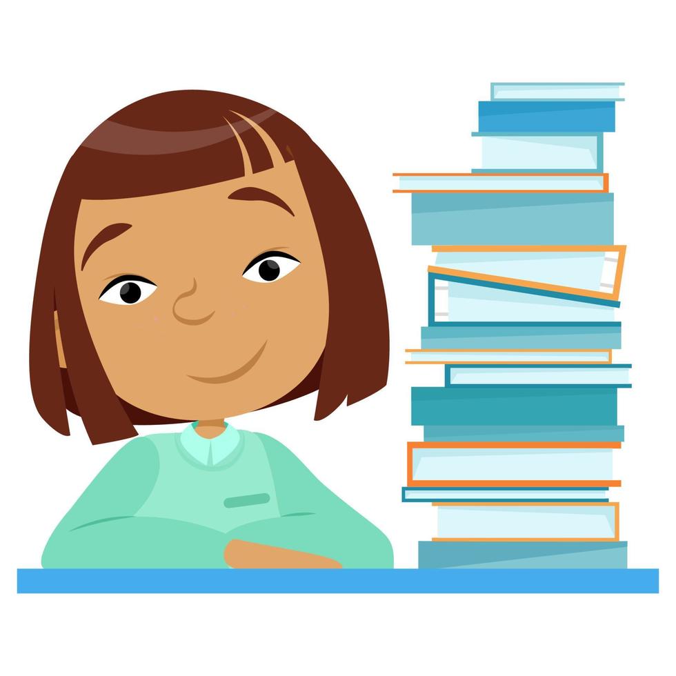 Asian girl studying and next to stack of books vector