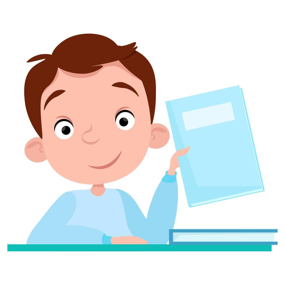 Boy student in a blue shirt with a book in his hands vector