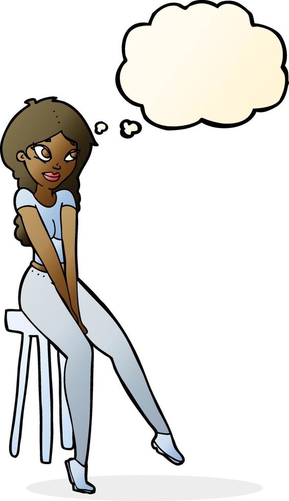 cartoon pretty girl on stool with thought bubble vector