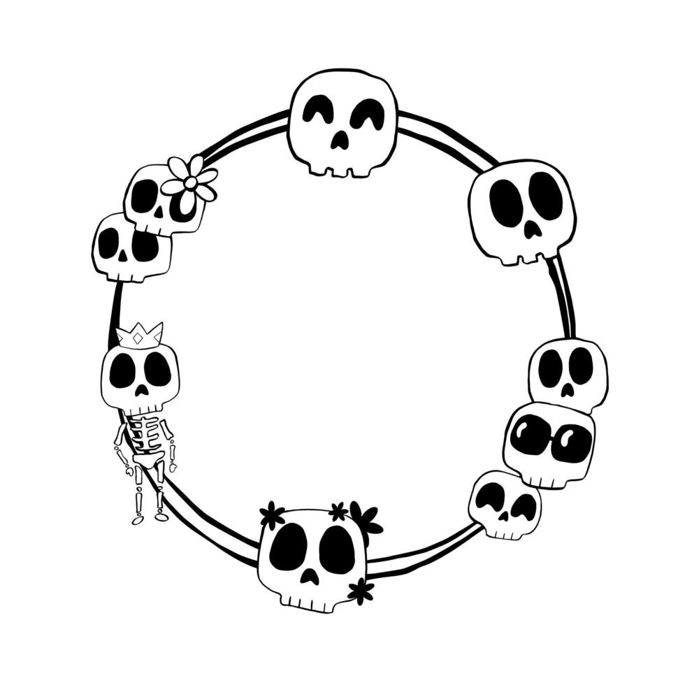 Black simple line Skeleton and Skull with two circle. Vector illustration about Halloween for decorate logo, greeting cards and any design.