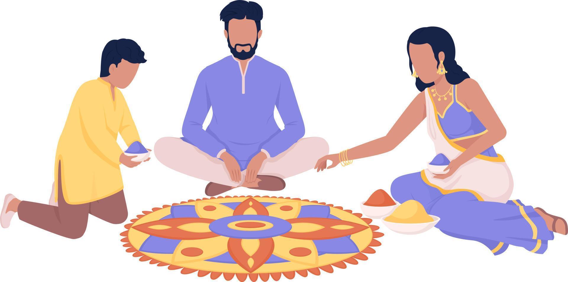 Indian family making rangoli design semi flat color vector characters