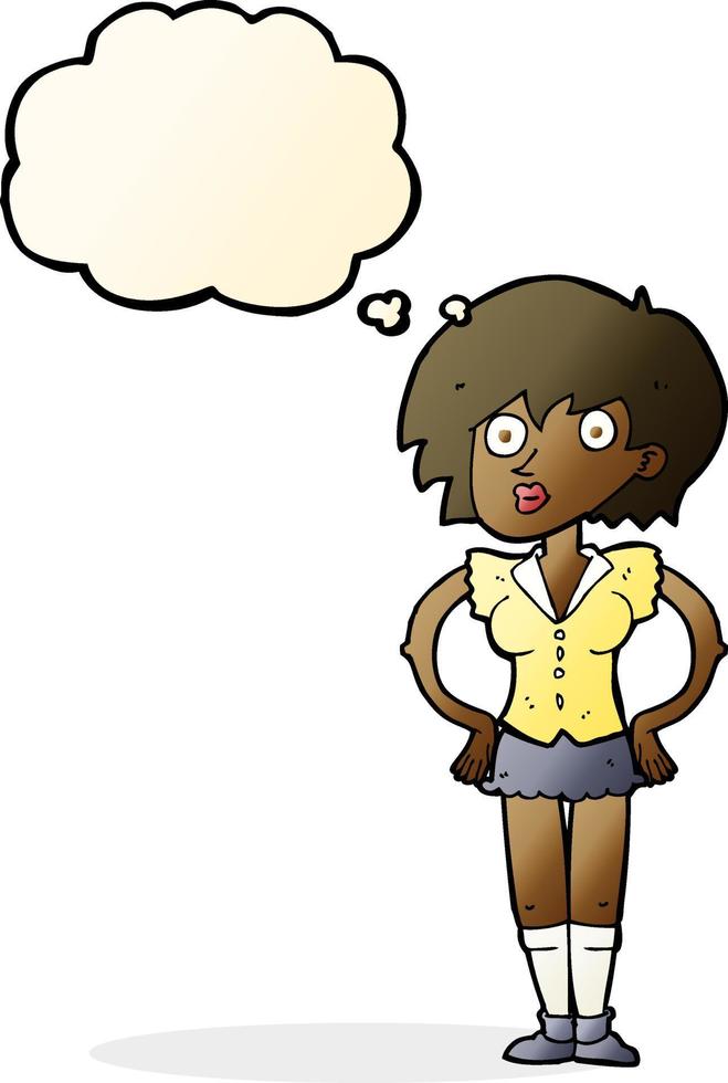 cartoon surprised woman with hands on hips with thought bubble vector