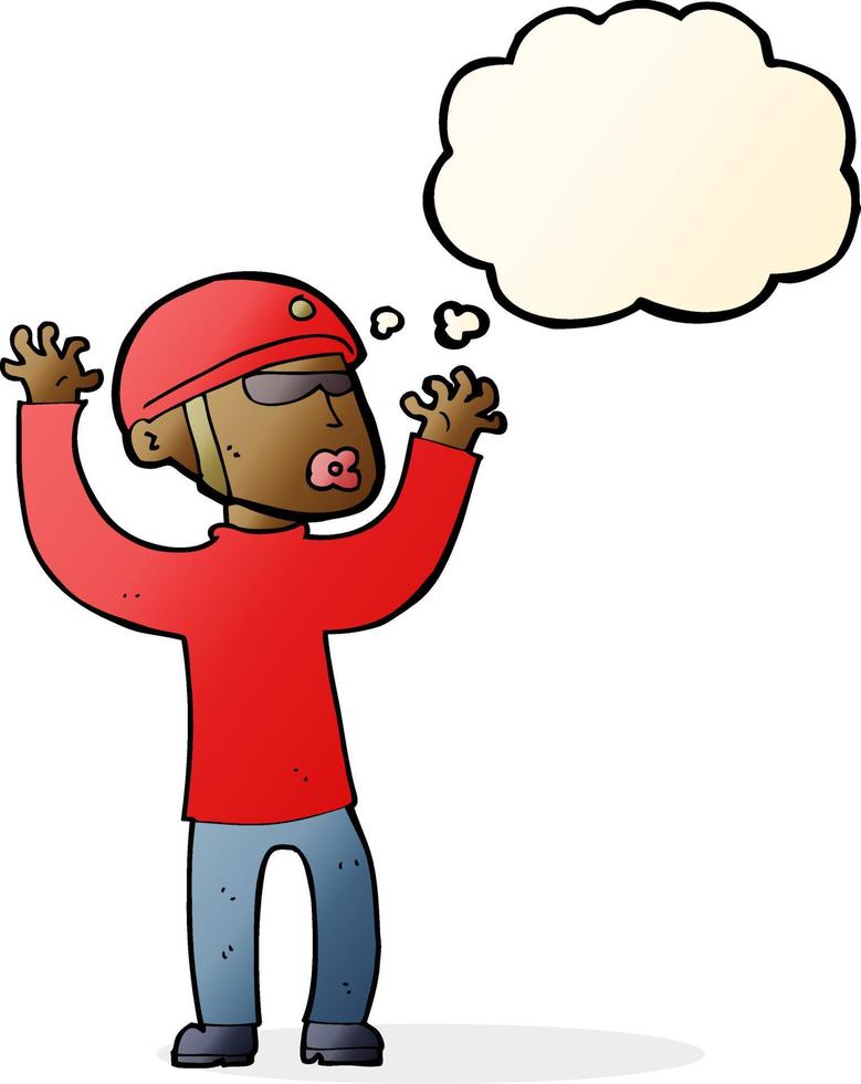 cartoon security man panicking with thought bubble vector