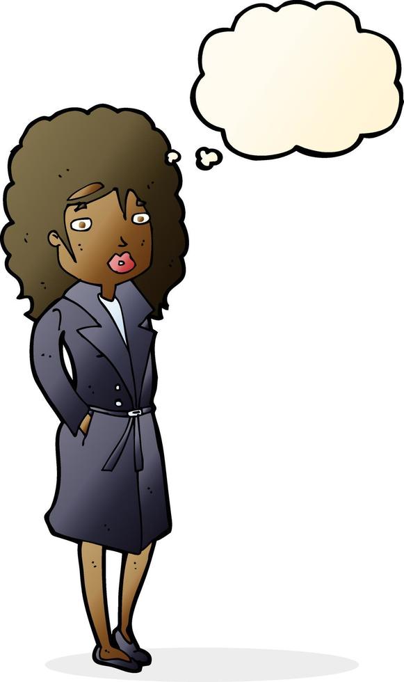 cartoon woman in trench coat with thought bubble vector