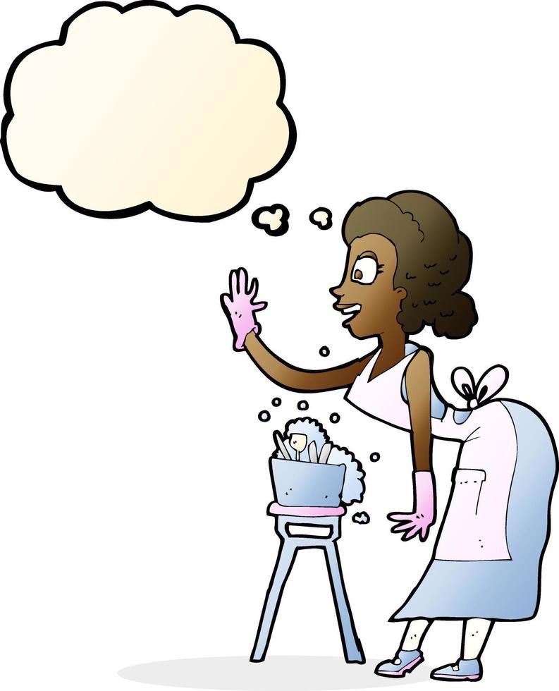 cartoon housewife washing up with thought bubble vector