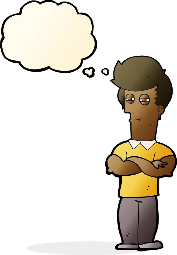 cartoon man with folded arms with thought bubble vector