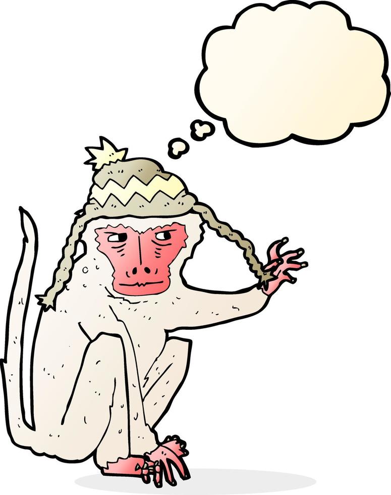 cartoon monkey wearing hat with thought bubble vector