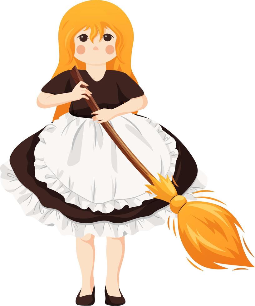 Cute maid girl with a broom and a dress with ruffles isolated vector