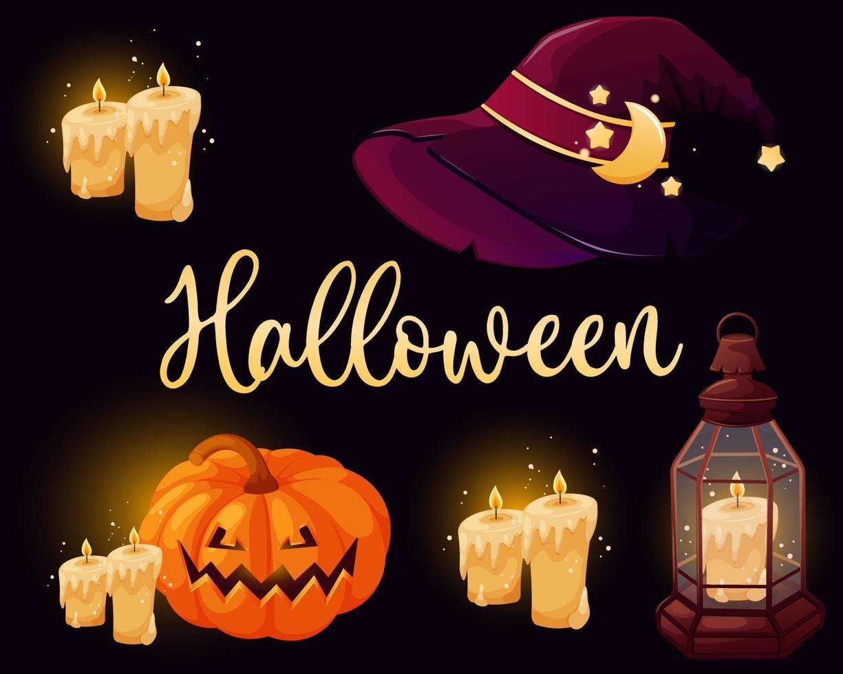 conjunto de halloween sombrero de bruja, calabaza terrible, velas, linterna e inscripción vector
