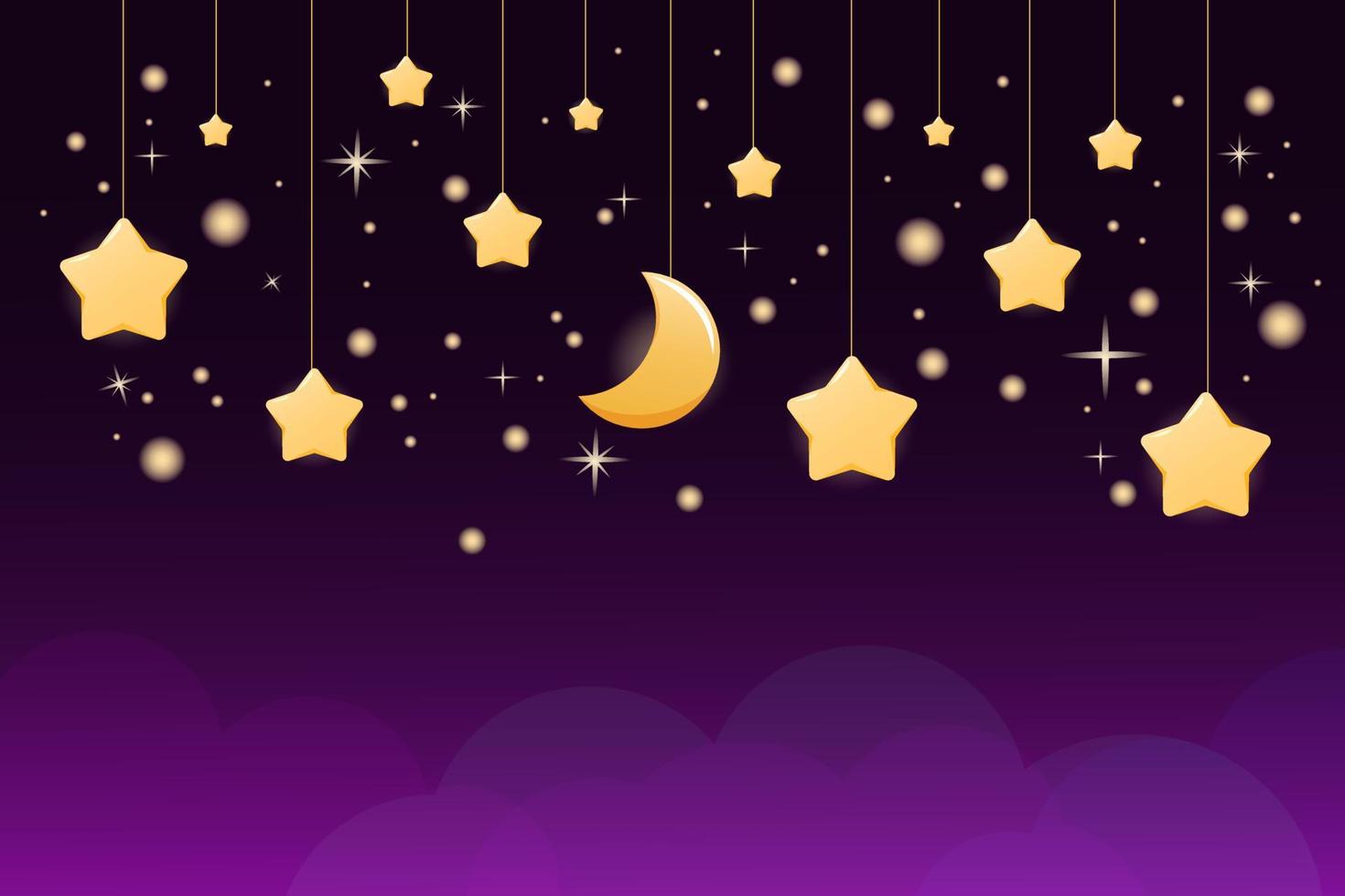 fondo de cielo estrellado con estrellas regordetas y luna en estilo de dibujos animados vector