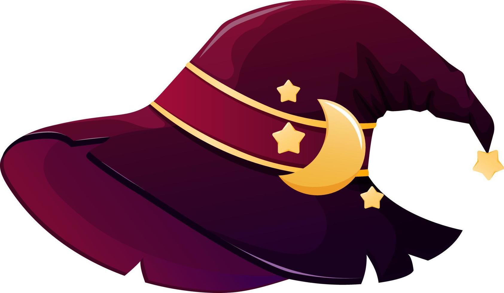 sombrero de bruja con estrellas y luna en estilo de dibujos animados aislado vector