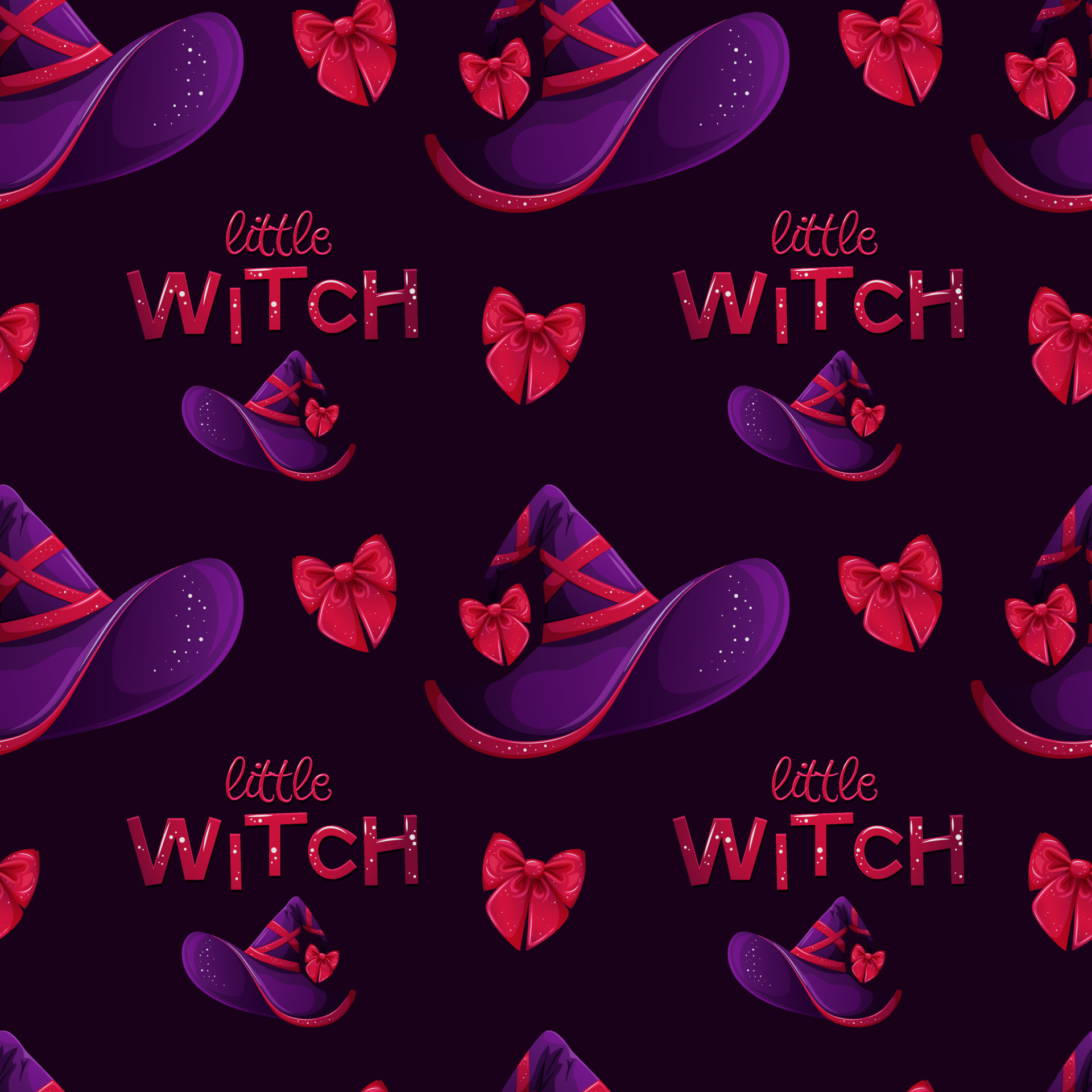 Seamless pattern with witch hat, bows and glitter for little witch