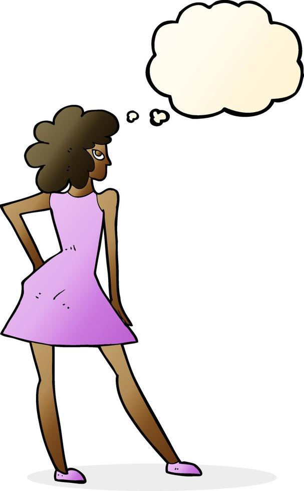 cartoon woman posing in dress with thought bubble vector