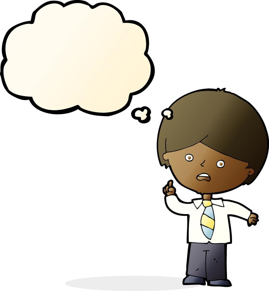 cartoon worried school boy raising hand with thought bubble vector