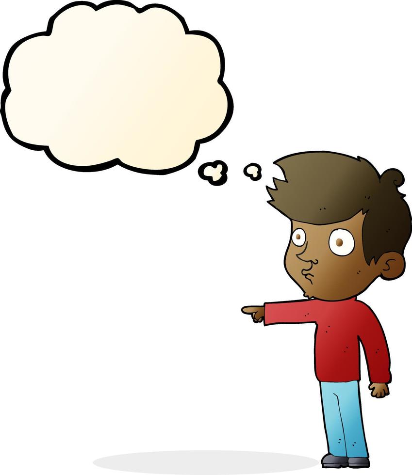 cartoon pointing boy with thought bubble vector