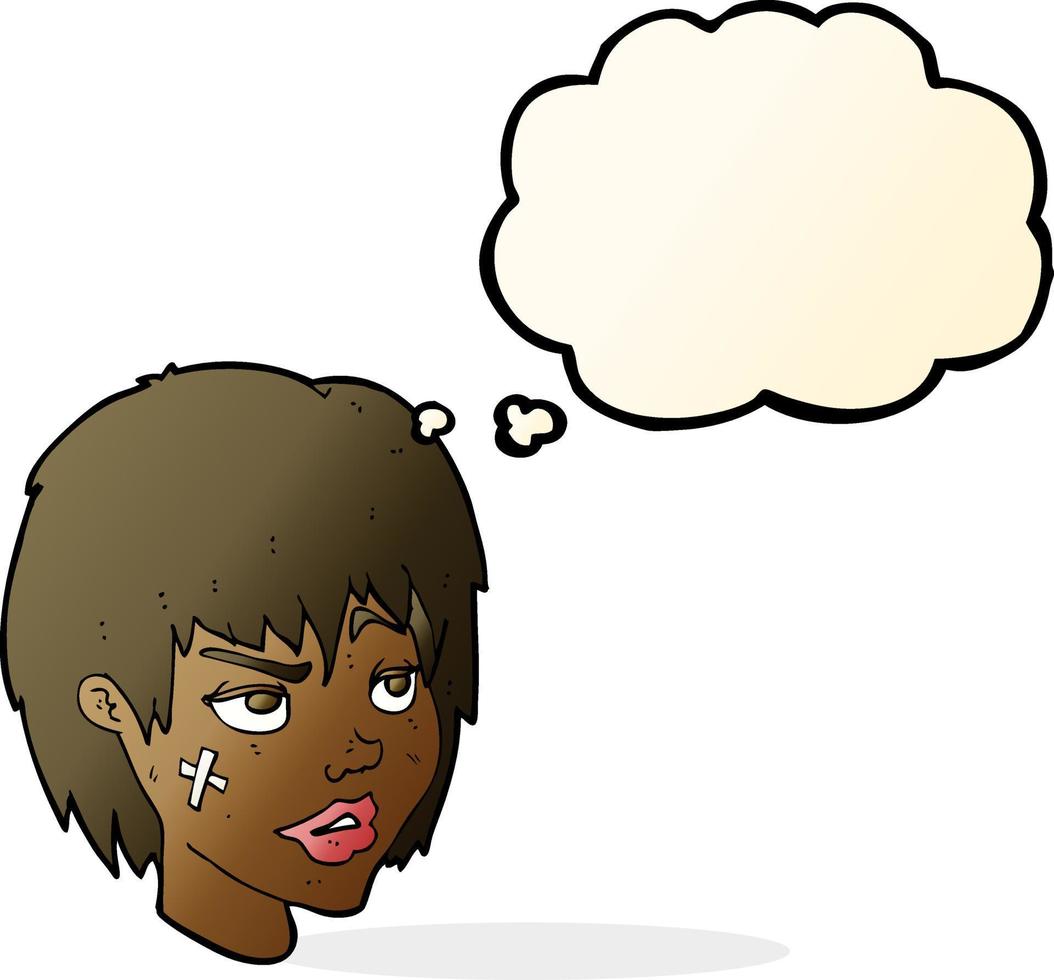 cartoon woman with plaster on face with thought bubble vector