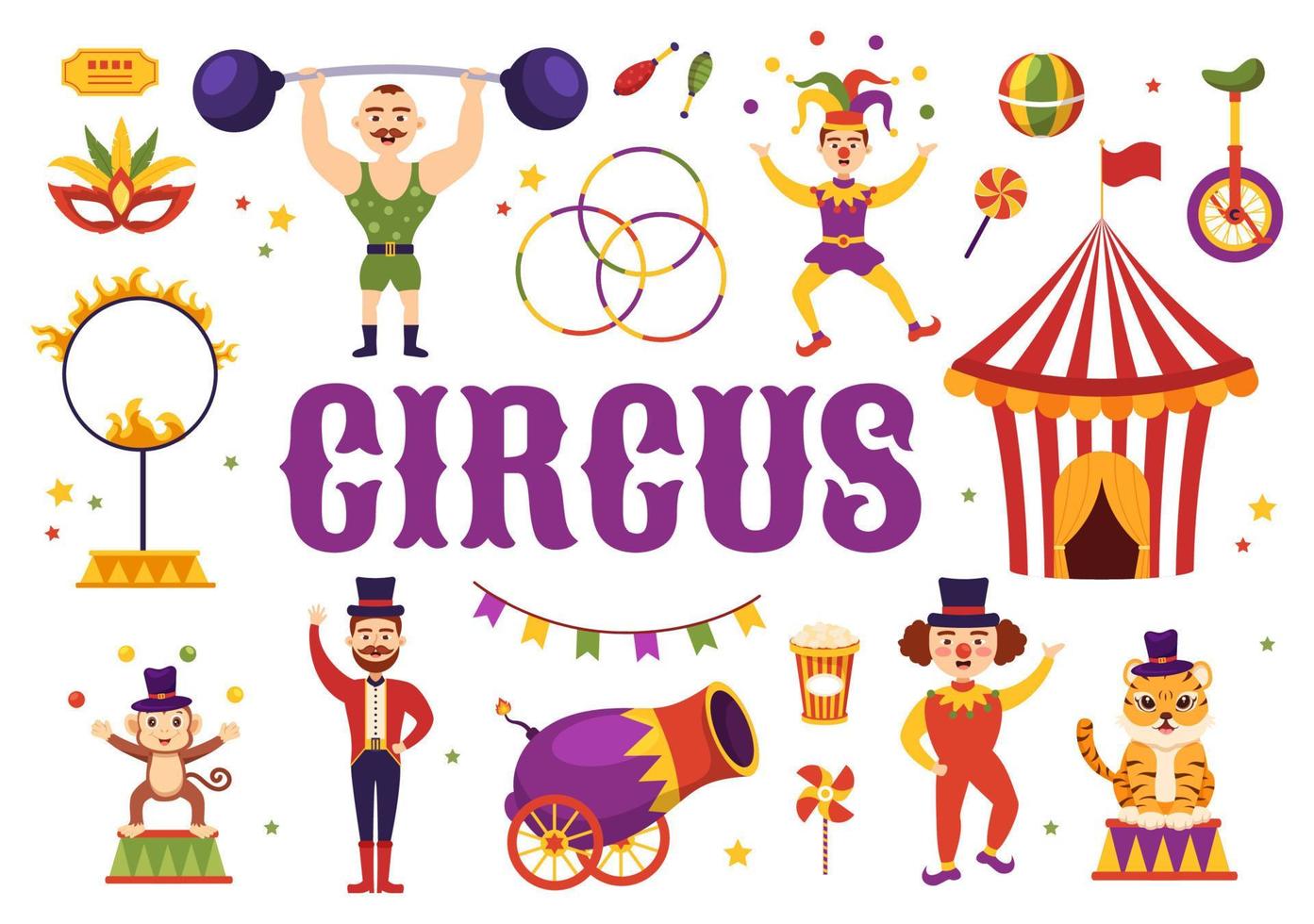 plantilla de circo dibujada a mano ilustración plana de dibujos animados con espectáculo de gimnasta, mago, león animal, anfitrión, animador, payasos y parque de atracciones vector