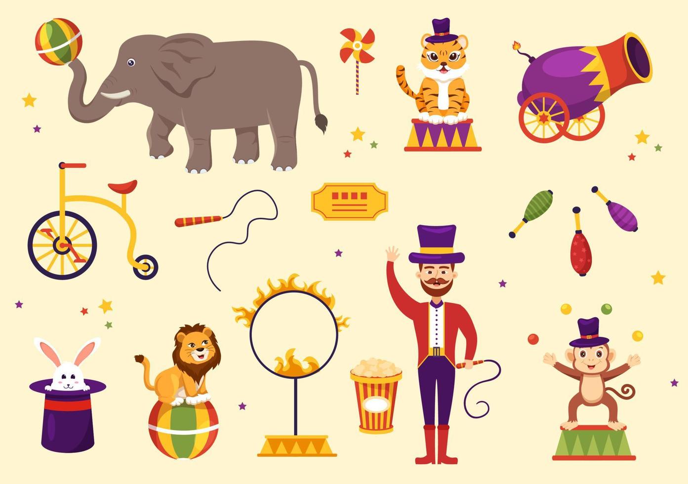 plantilla de circo dibujada a mano ilustración plana de dibujos animados con espectáculo de gimnasta, mago, león animal, anfitrión, animador, payasos y parque de atracciones vector
