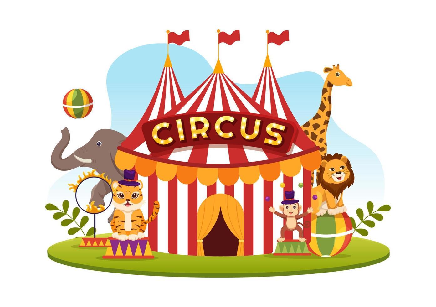 plantilla de circo dibujada a mano ilustración plana de dibujos animados con espectáculo de gimnasta, mago, león animal, anfitrión, animador, payasos y parque de atracciones vector