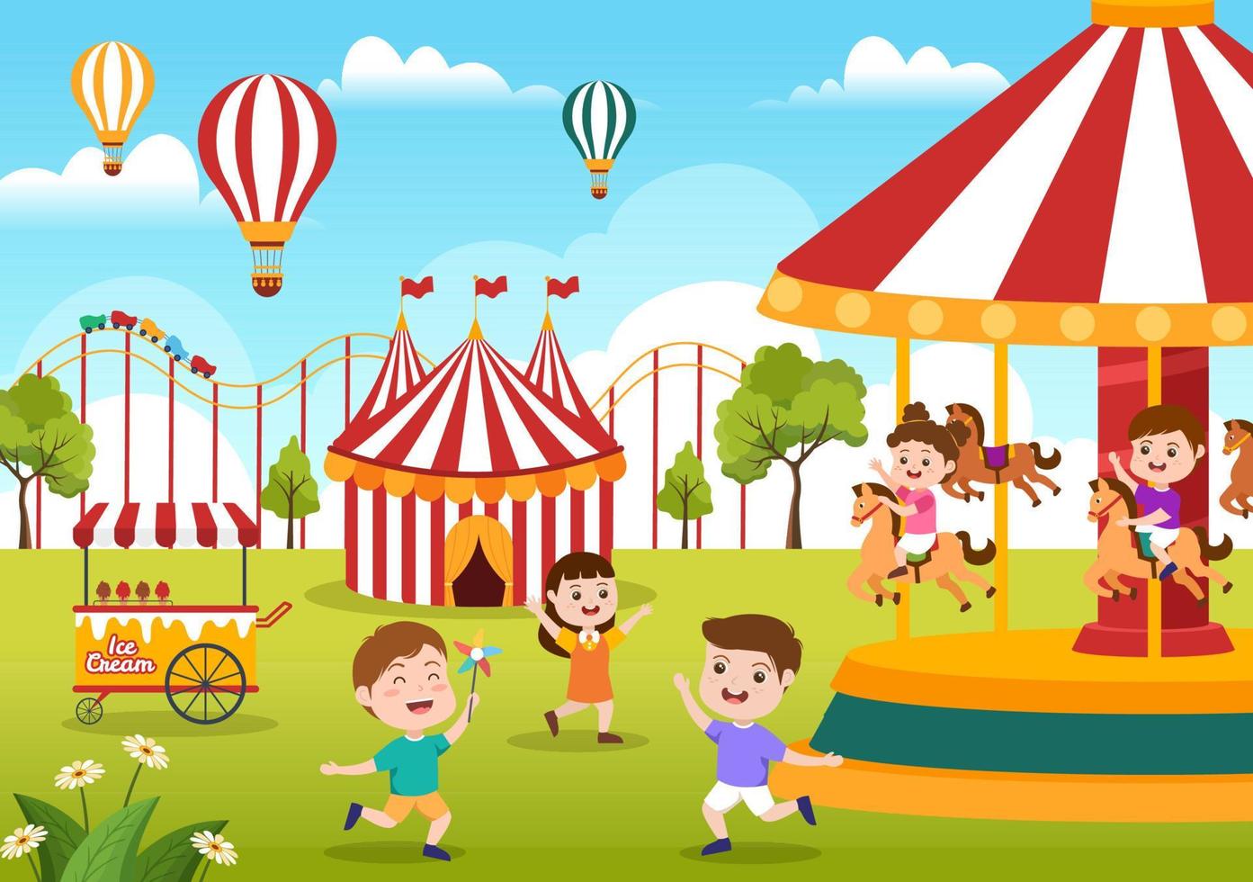 Circus Template Hand Drawn Cartoon Flat Illustration with Show of Gymnast, Magician, Animal Lion, Host, Entertainer, Clowns and Amusement Park vector