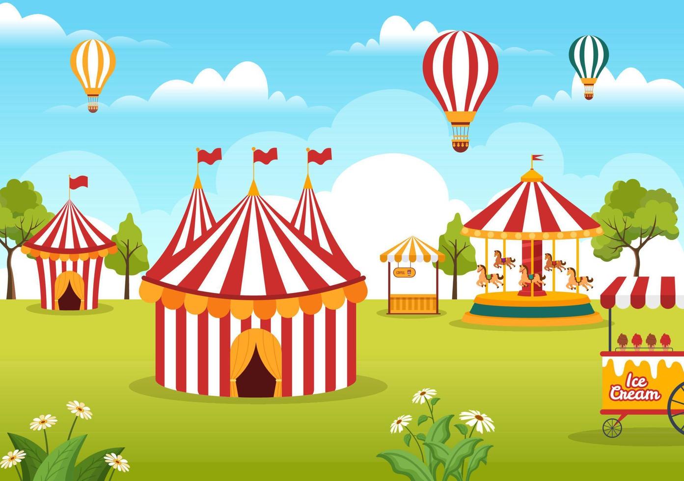 Circus Template Hand Drawn Cartoon Flat Illustration with Show of Gymnast, Magician, Animal Lion, Host, Entertainer, Clowns and Amusement Park vector