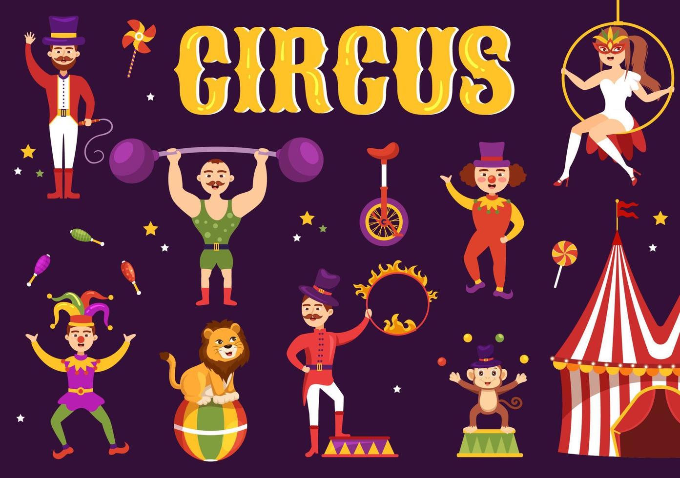 Circus Template Hand Drawn Cartoon Flat Illustration with Show of Gymnast, Magician, Animal Lion, Host, Entertainer, Clowns and Amusement Park vector