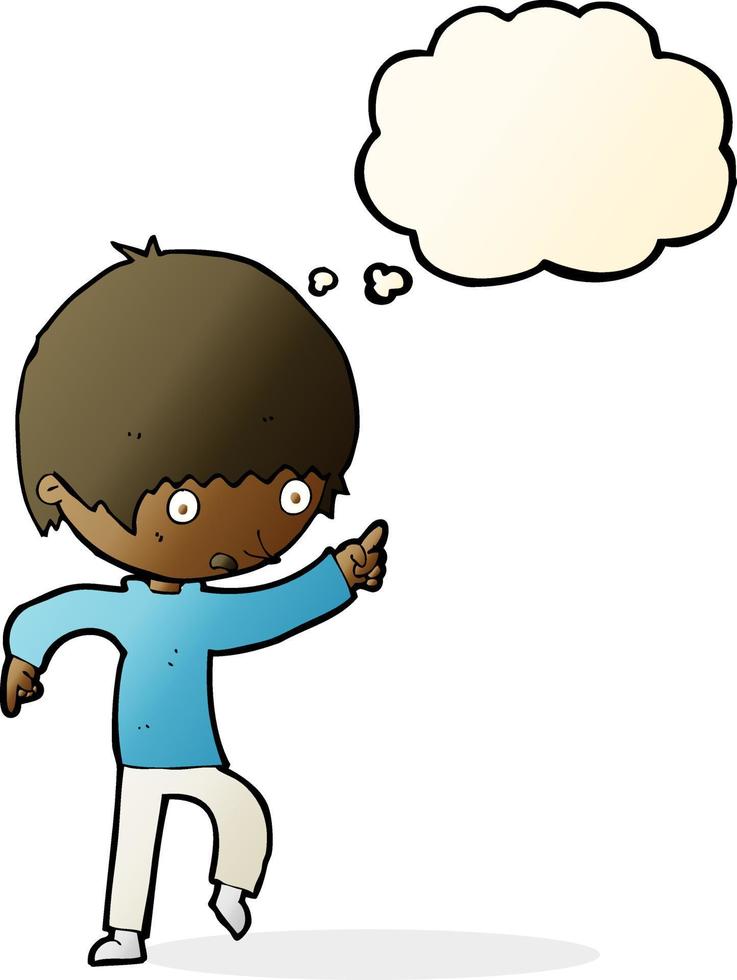 cartoon worried boy pointing with thought bubble vector