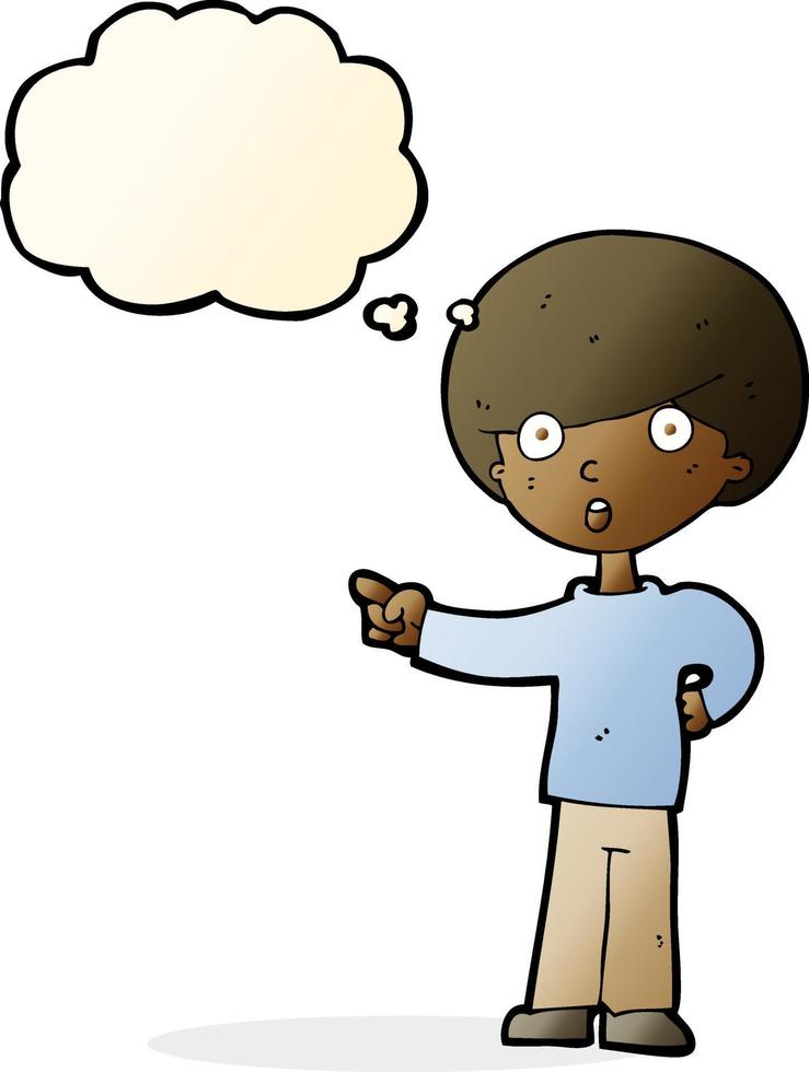 cartoon pointing boy with thought bubble vector