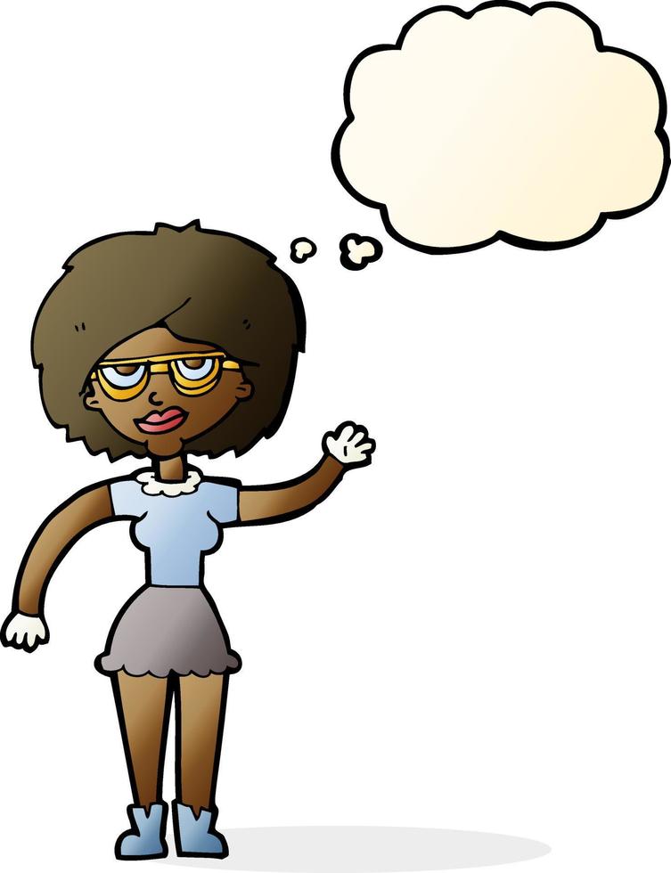 cartoon waving woman wearing spectacles with thought bubble vector