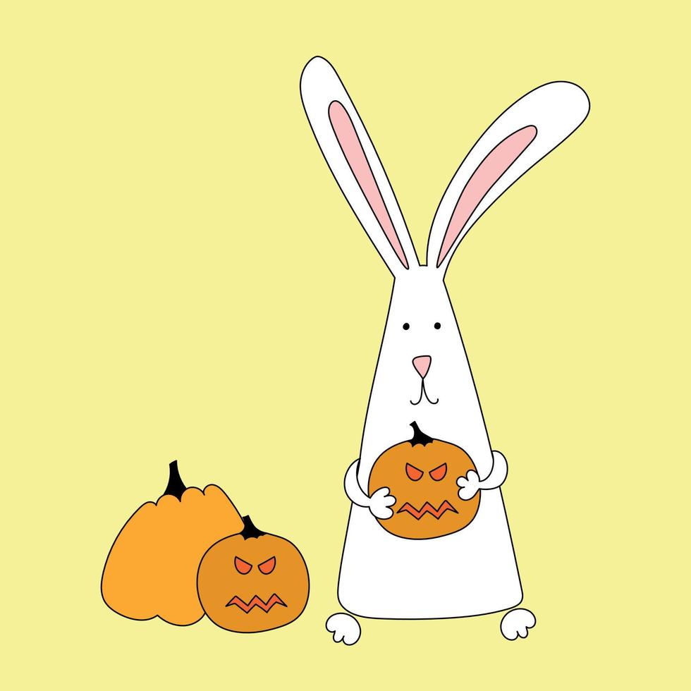 Rabbit symbol of 2023. Rabbit with halloween pumpkin. Calendar template. Vector illustration. Hand drawn doodle.