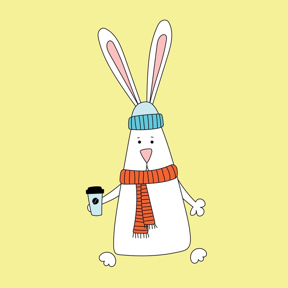 Rabbit symbol of 2023. Rabbit with scarf and hat. Calendar template. Vector illustration, hand drawn doodle.