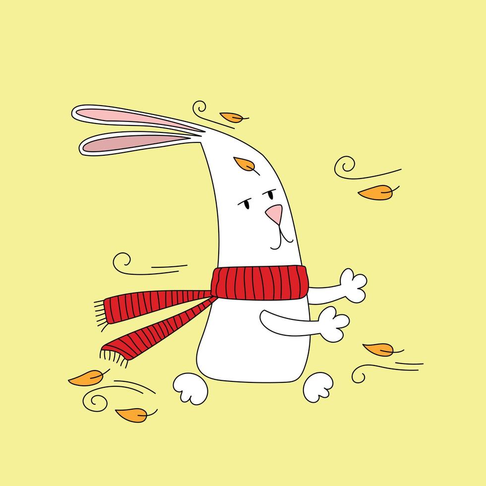 Rabbit symbol of 2023. Rabbit with autumn leaves. Calendar template. Vector illustration, hand drawn doodle.