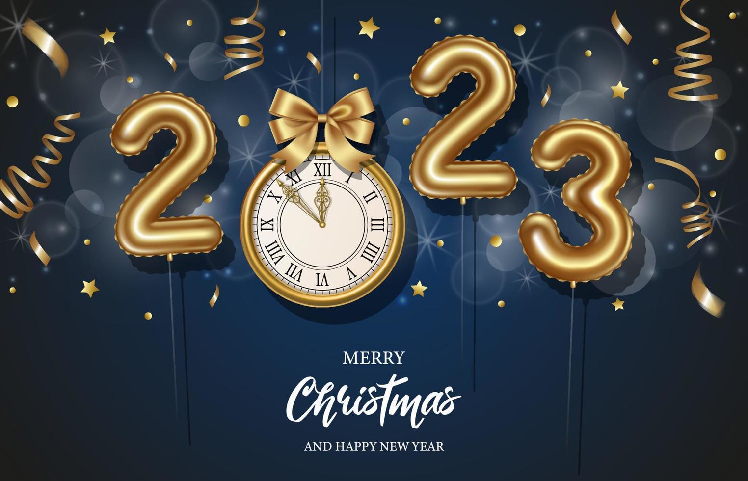 fondo de feliz año nuevo con globos de oro y reloj de oro. cartel de 2023 vector