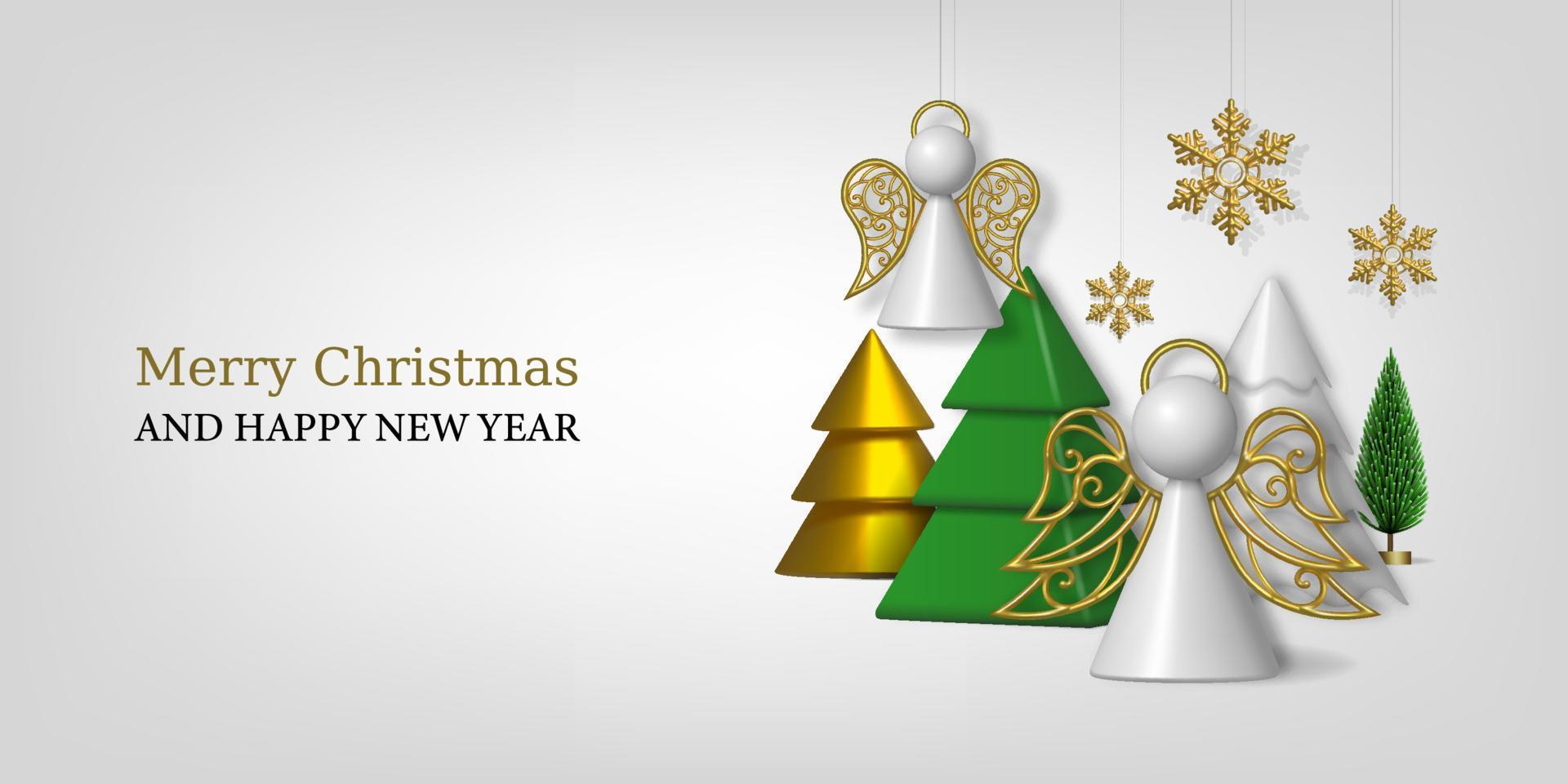 banner de navidad con elementos realistas. fondo de navidad con ángeles 3d, árboles y copos de nieve dorados vector