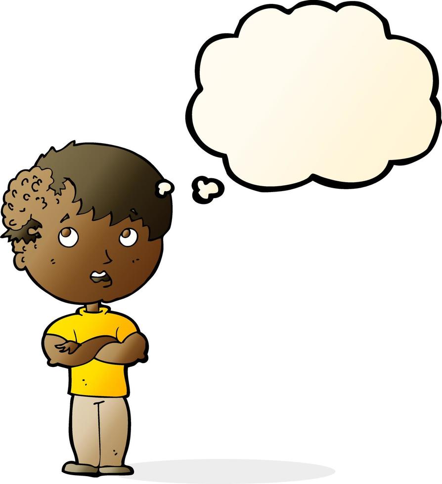 cartoon boy with growth on head with thought bubble vector