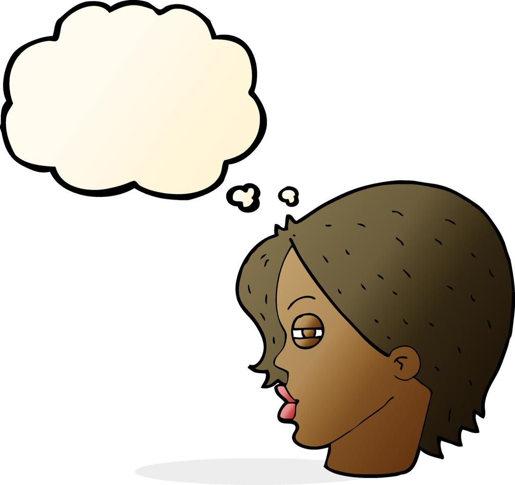 cartoon female face with narrowed eyes with thought bubble vector