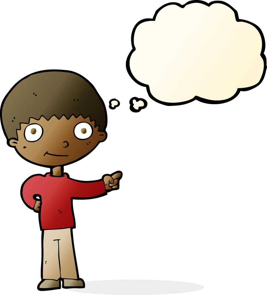 cartoon happy boy pointing with thought bubble vector
