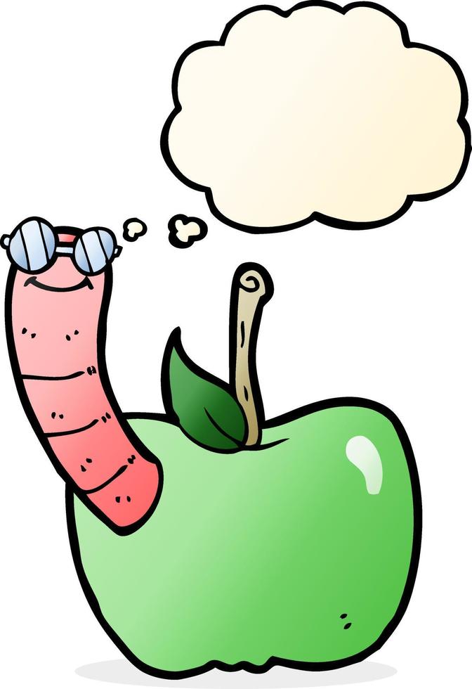 cartoon apple with worm with thought bubble vector