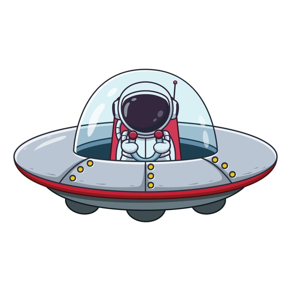 lindo astronauta montando ovni. concepto de icono de astronauta. estilo de dibujos animados plana. adecuado para página de inicio web, pancarta, volante, pegatina, tarjeta vector