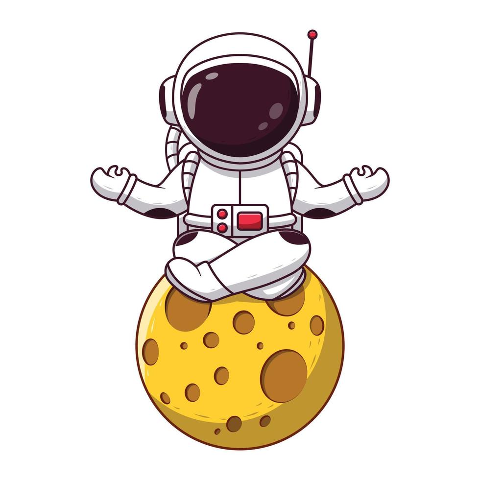 lindo astronauta haciendo yoga en la luna. concepto de icono de astronauta. estilo de dibujos animados plana. adecuado para página de inicio web, pancarta, volante, pegatina, tarjeta vector