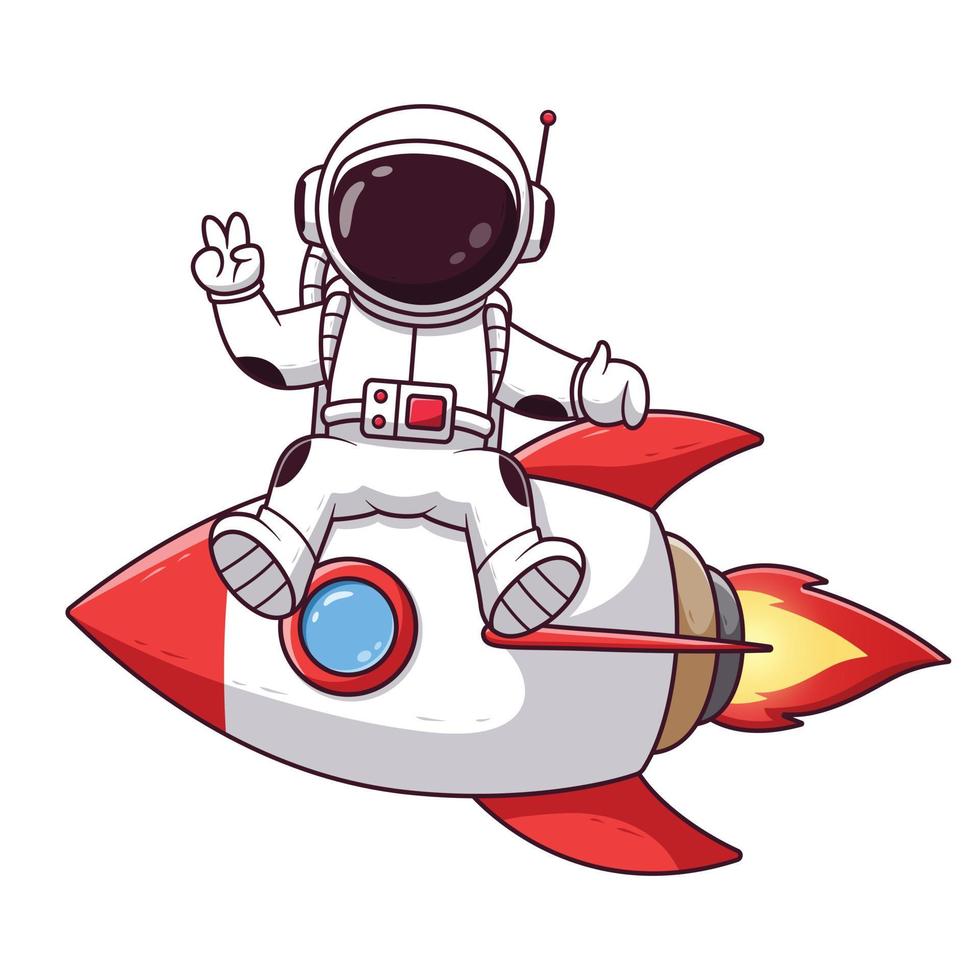 lindo astronauta con manos pacíficas sentadas en cohetes. concepto de icono de astronauta. estilo de dibujos animados plana. adecuado para página de inicio web, pancarta, volante, pegatina, tarjeta vector