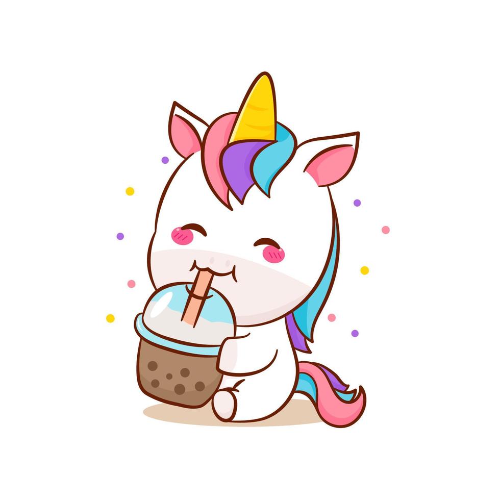 dibujos animados lindo unicornio mágico bebe vector de té de burbujas. pony caricatura animal kawaii. Aislado en un fondo blanco.