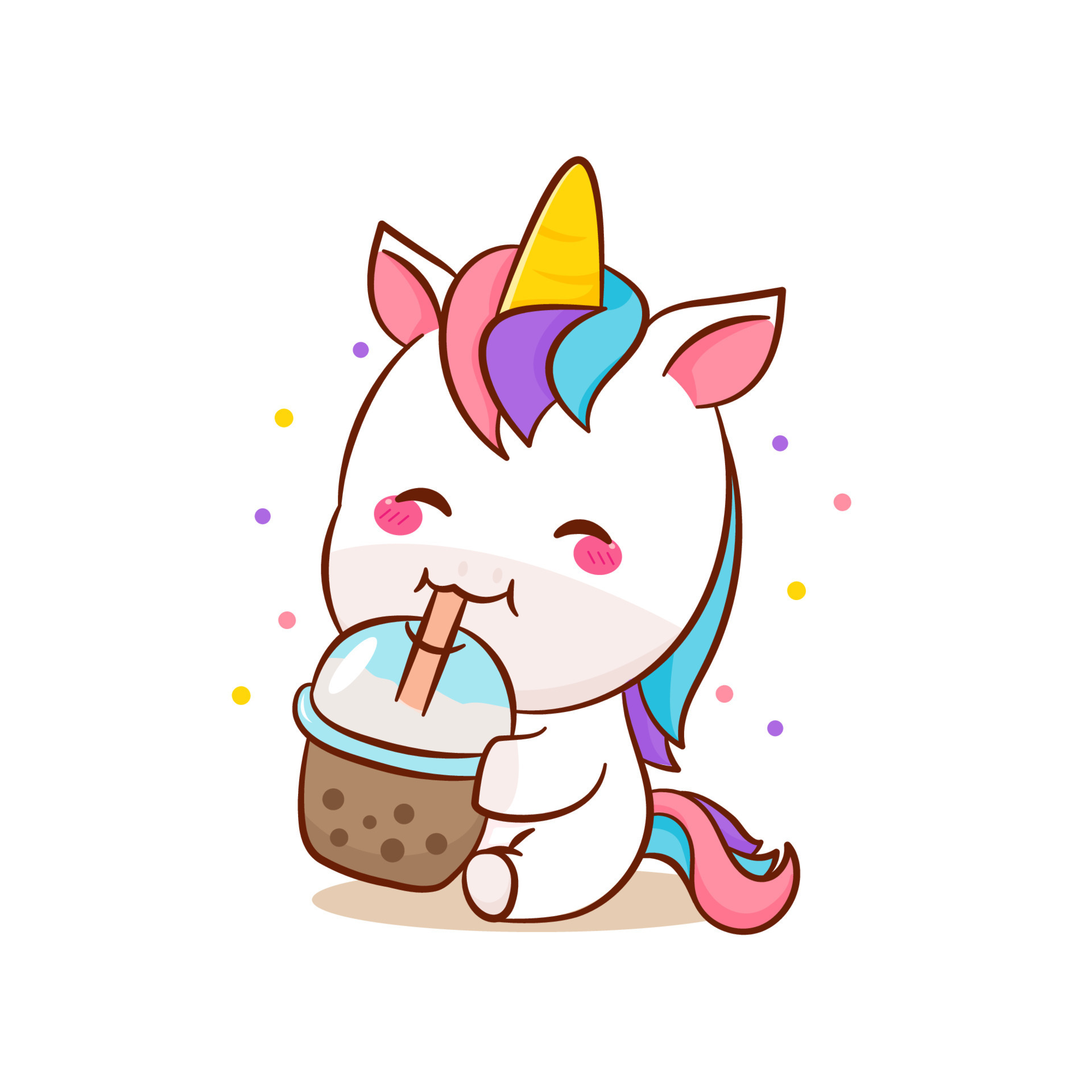 Cute magical unicorn cartoon drinks bubble tea vector. Pony ...