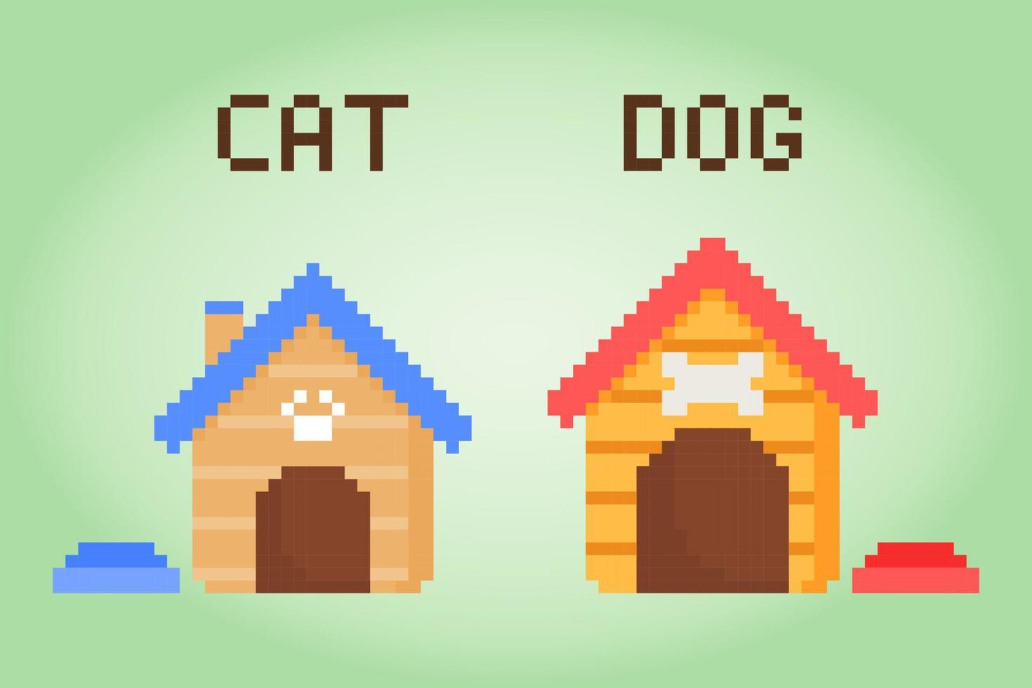 8 bit pixel house for dog and cat. barkitecture for game assets and cross stitches in vector illustrations.