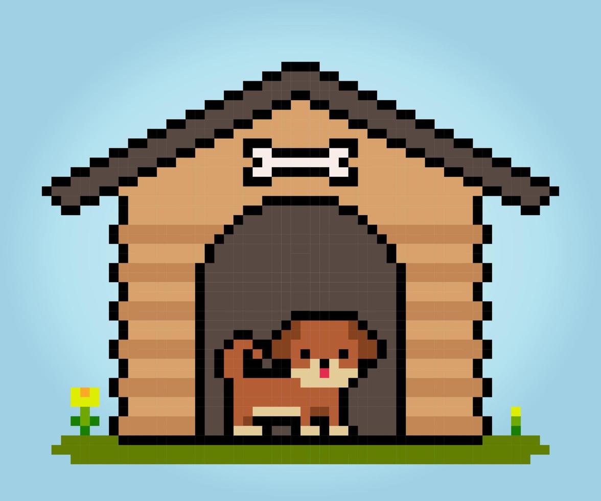 8 bit pixel house for dogs. barkitecture for game assets and cross stitches in vector illustrations.