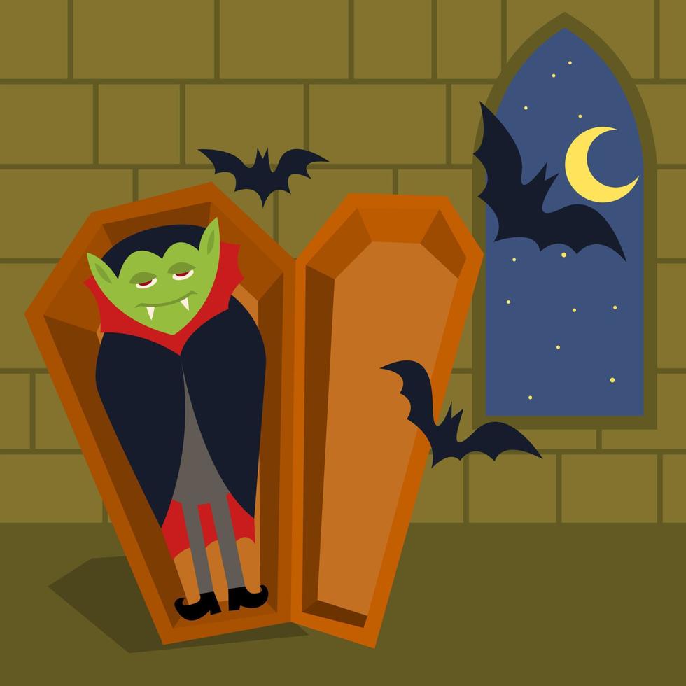 feliz halloween divertido personaje vampiro en un ataúd vector