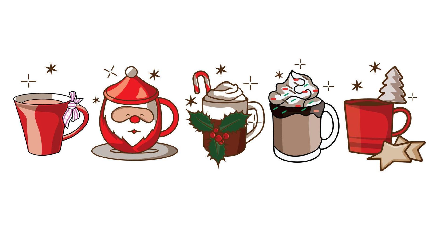 Christmas hot beverages of coffee, chocolate, and eggnog drinks in mugs and cups. vector