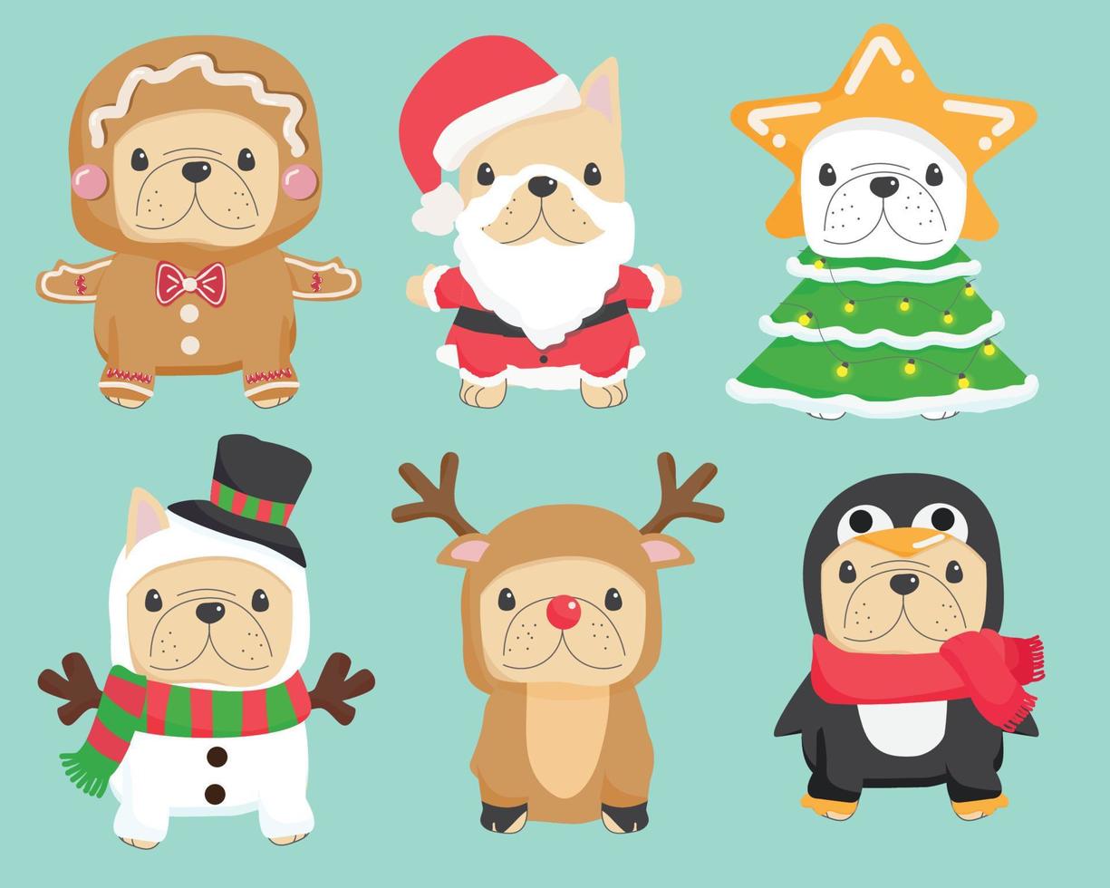 cute funny Christmas cosplay french bulldog puppy collection eps10 vectors illustration