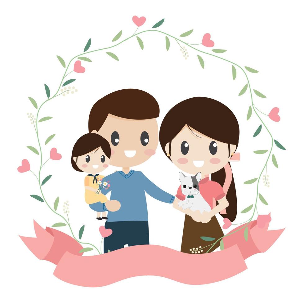 happy family cartoon flat style in heart wreath eps10 vector illustration