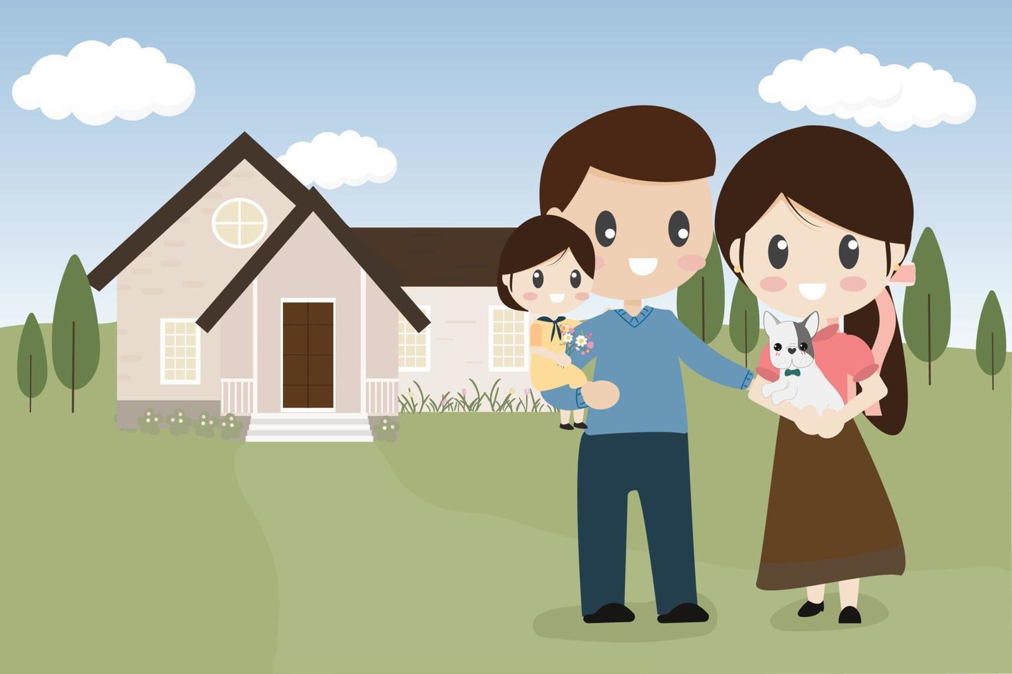 family with french bulldog puppy new home vector